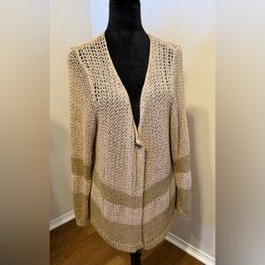 LOFT Sweater Metallic Thread Open Cardigan Khaki Gold Size XL